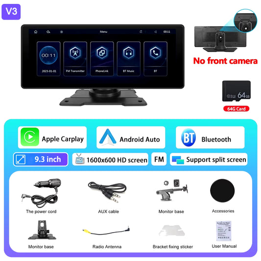 6.86" /9.3" Car Mirror Video Recording Wireless Carplay Monitor Android Auto Dashboard DVR GPS Navigation Carplay Screen